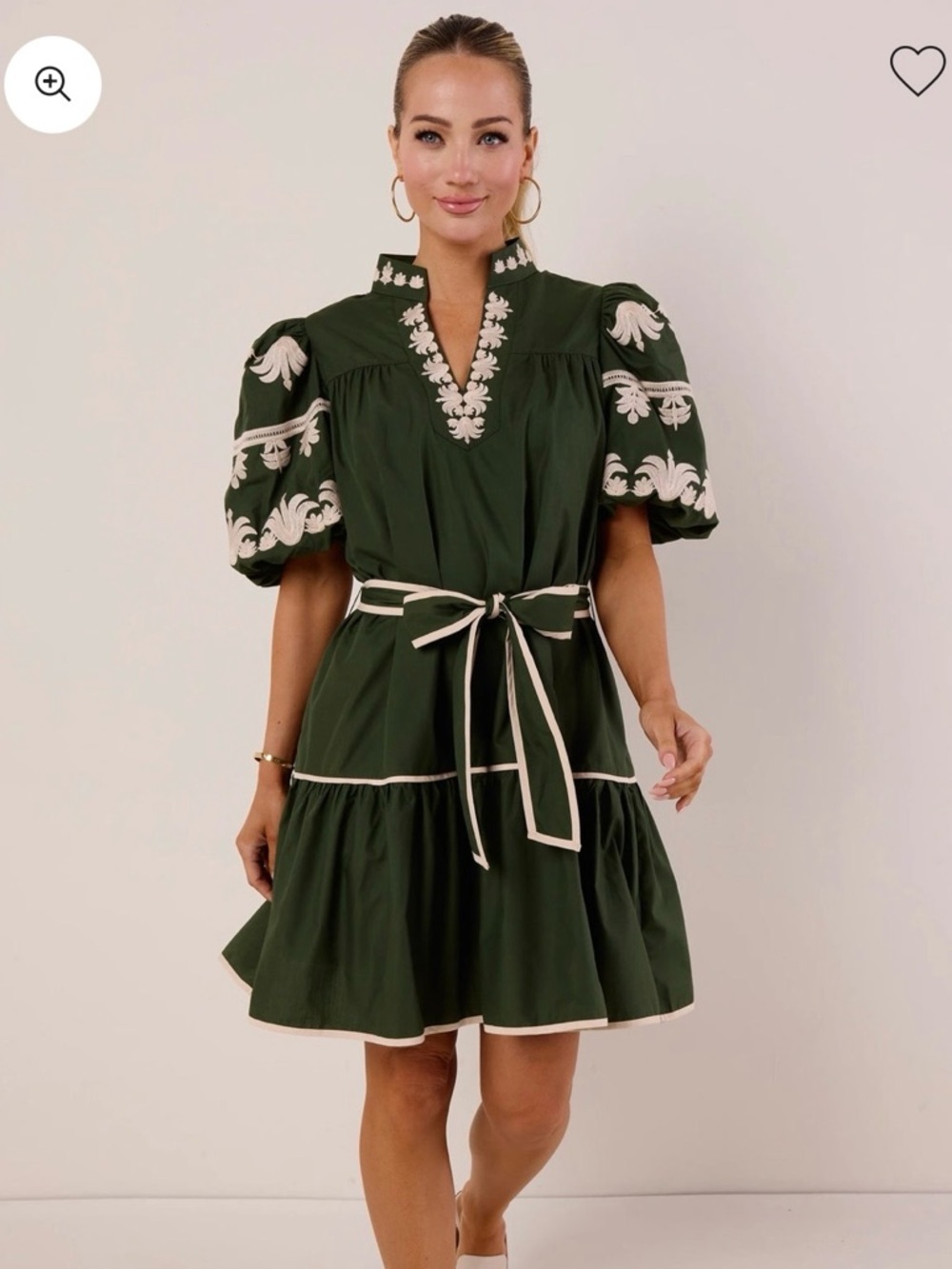 NWOT entro Olive Green Mini Dress with Cream Embroidery